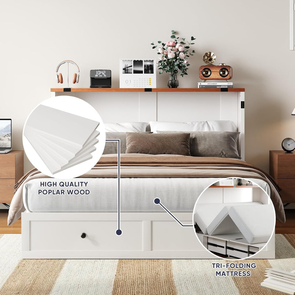 ijuicy Full Size Murphy Bed with Mattress & Extra Large Drawers, Multifunctional Cabinet Bed with USB Charging Station, Farmhouse Murphy Beds Chest for Home (Mattress Included, White & Brown)