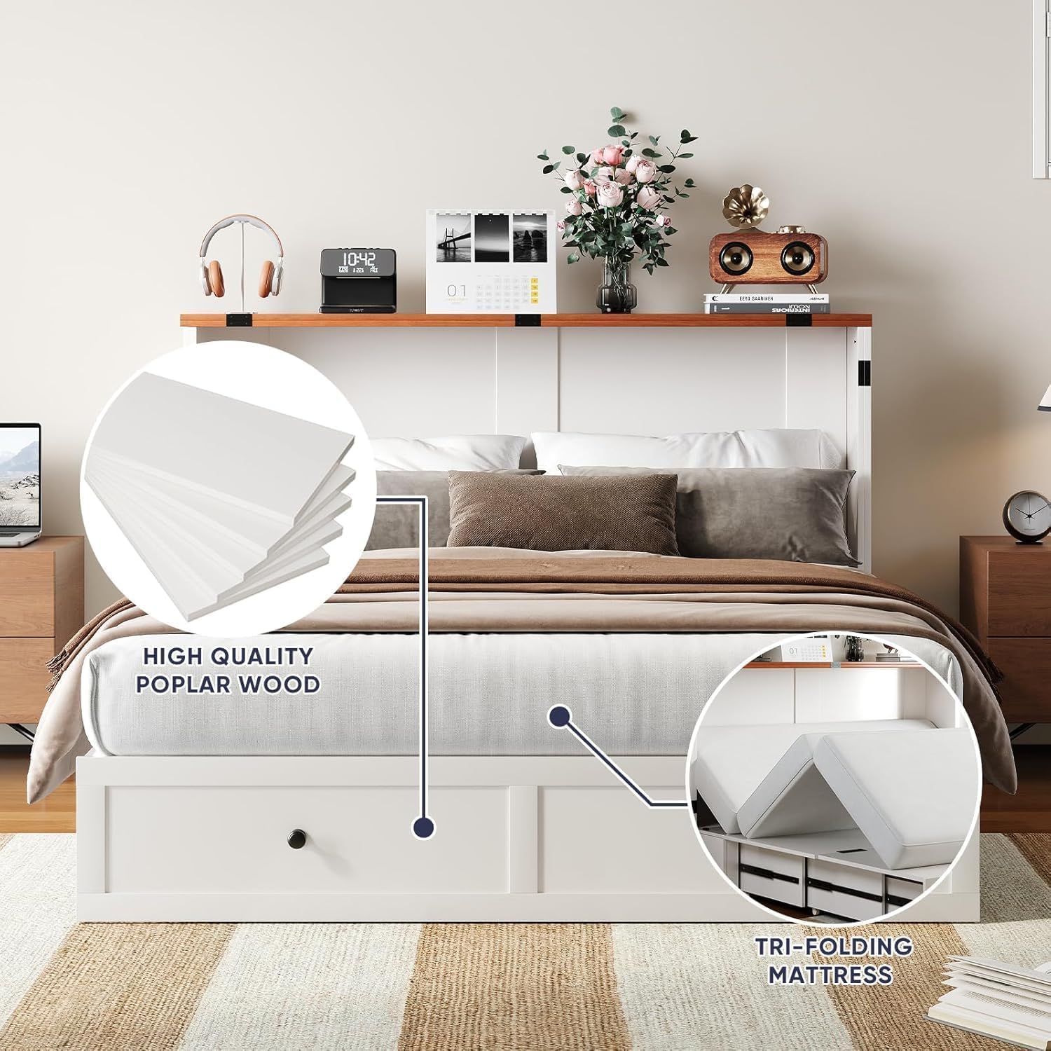 ijuicy Full Size Murphy Bed with Mattress & Extra Large Drawers, Multifunctional Cabinet Bed with USB Charging Station, Farmhouse Murphy Beds Chest for Home (Mattress Included, White & Brown)