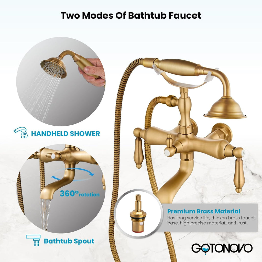gotonovo 3 3/8 Vintage Bathtub Filler Wall Mount Clawfoot Tub Faucet Shower Kit with Handheld Shower 2-Functions Double Level Handle Modern Telephone Handheld Shower Antique Brass