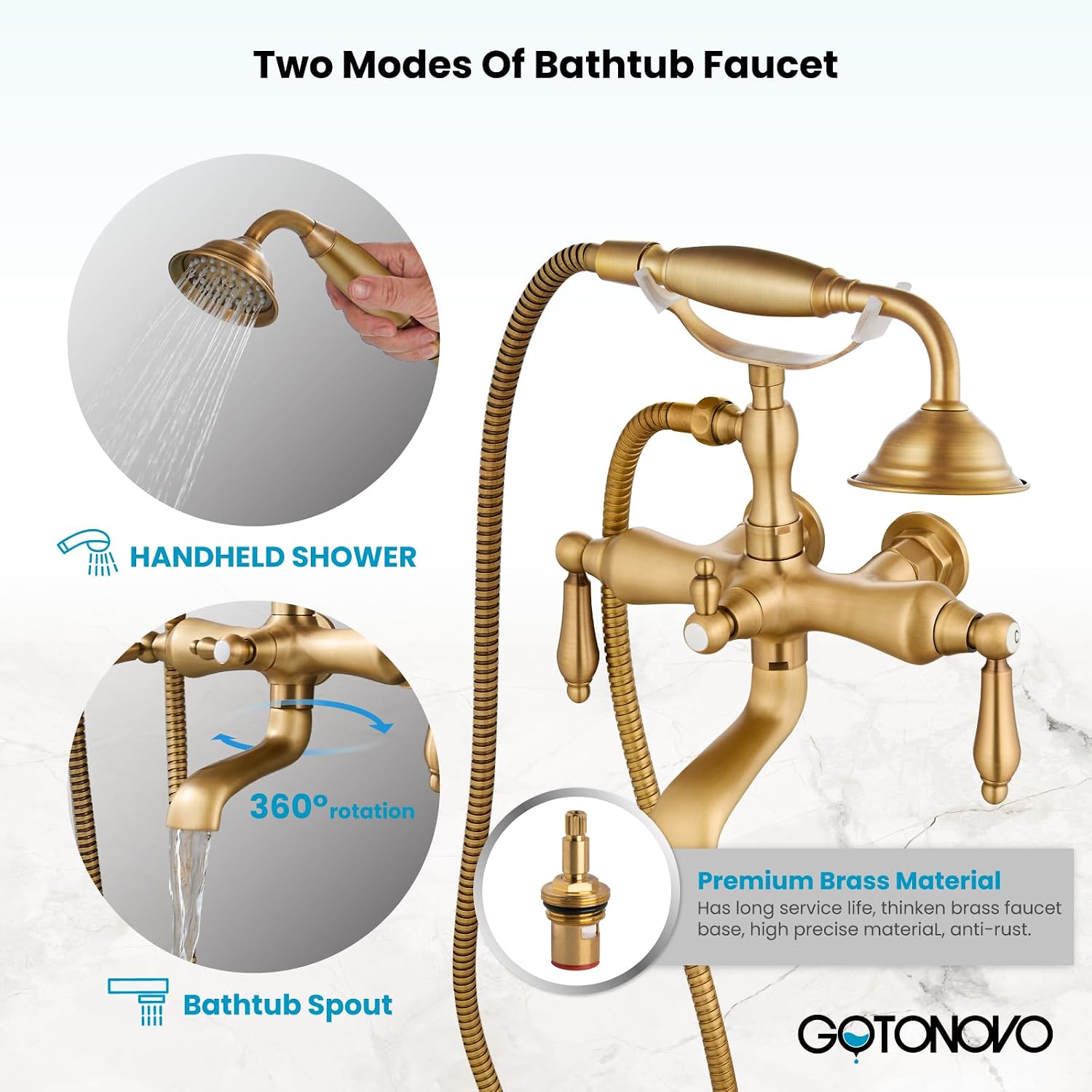 gotonovo 3 3/8 Vintage Bathtub Filler Wall Mount Clawfoot Tub Faucet Shower Kit with Handheld Shower 2-Functions Double Level Handle Modern Telephone Handheld Shower Antique Brass