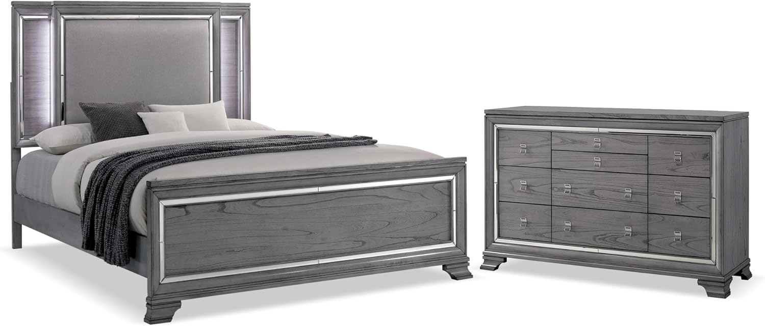 Furniture of America Zenka Wood Frame 2-Piece Bedroom Set, California King-Size Bed with Lighted & Padded Headboard, 10-Drawer Dresser, Felt-Lined Top Storage, Box Spring Required, Light Gray