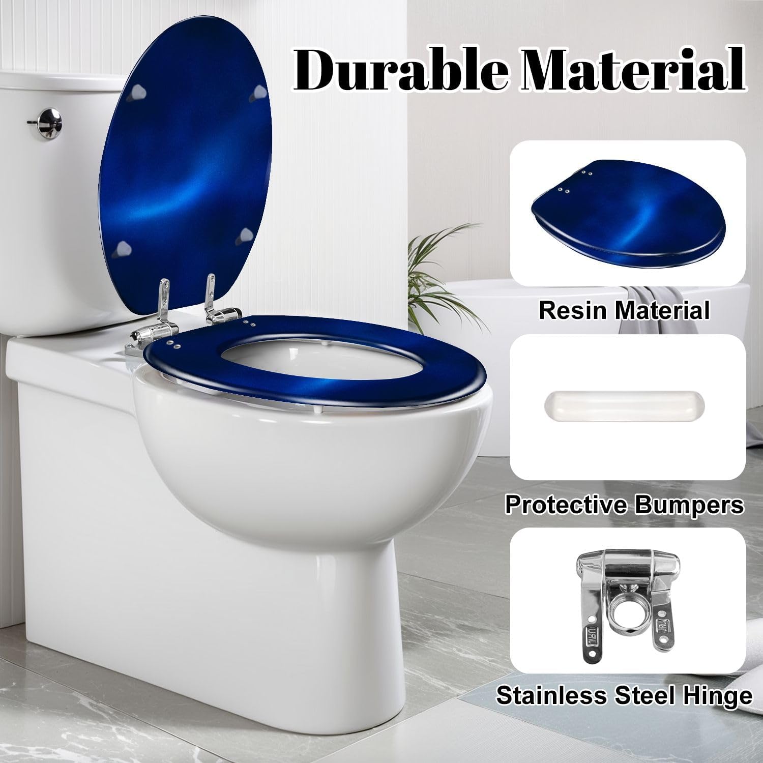 Elongated Toilet Seat Dark royal blue gradient mesh seamless bg overlay noisy texture Silk Resin Toilet Seat Slow Quiet Close Lid with Quick-Release Hinges Cover Bumpers Easy to Clean Install