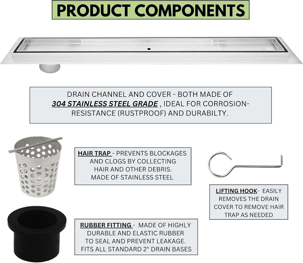 304 Side Outlet Linear Offset Shower Drain Brushed Nickel Long Shower Drain Kit Hair Catcher Strainer Grate Cover Bathroom Floor Insert (16 Inch, Tile in Design)