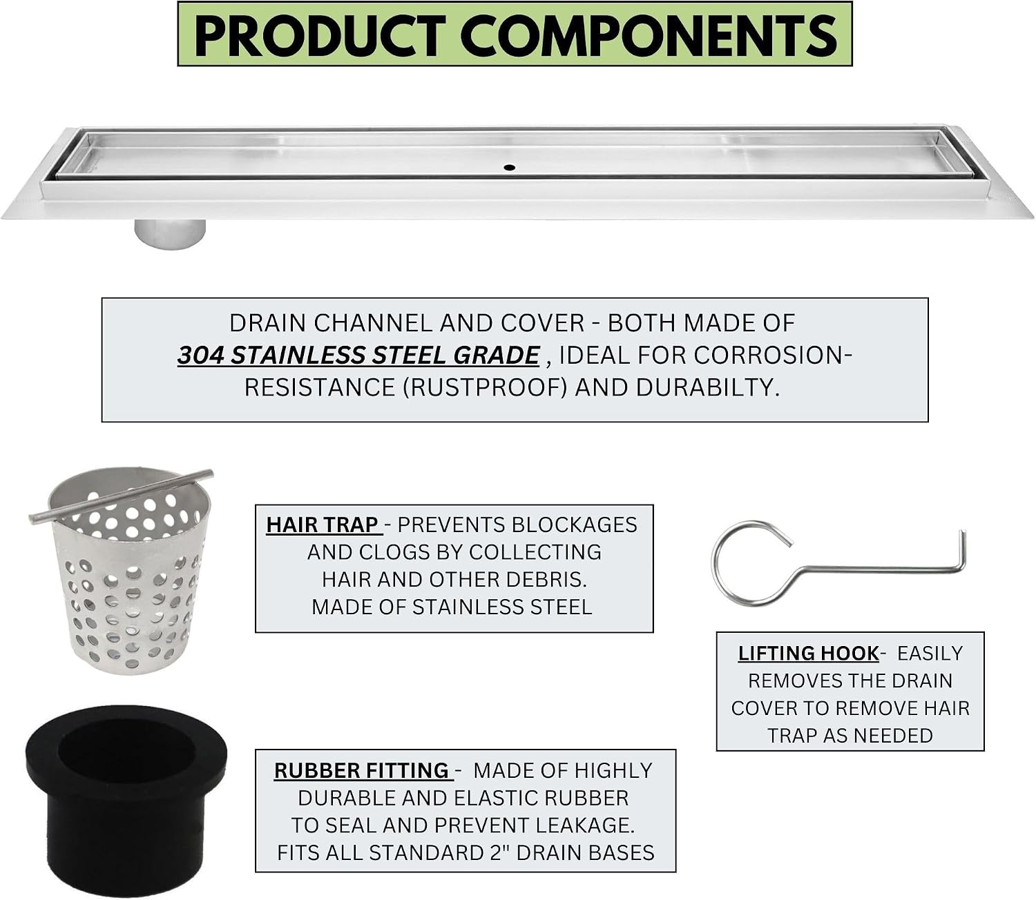 304 Side Outlet Linear Offset Shower Drain Brushed Nickel Long Shower Drain Kit Hair Catcher Strainer Grate Cover Bathroom Floor Insert (16 Inch, Tile in Design)