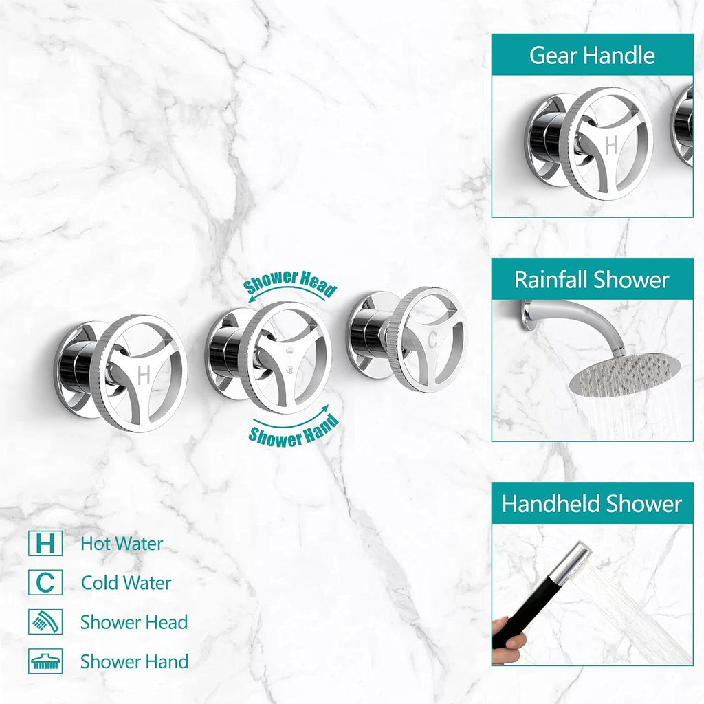 SKOWLL 3 Handle Shower Faucets Set, Polished Chrome Banthroom Shower Sysren with 10 Inch Round Rain Shower Head and Handheld Spray, 2 Function Kit Valve