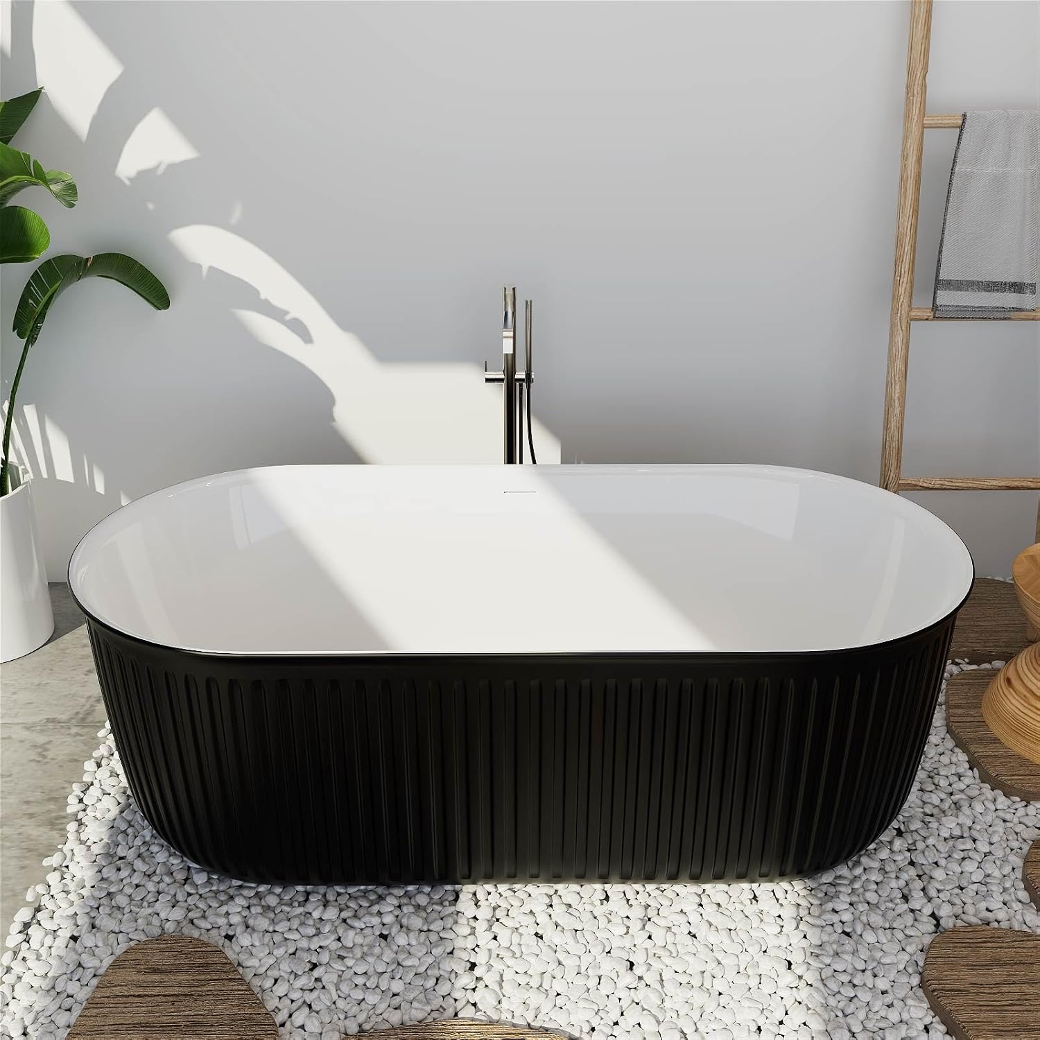 67' Freestanding Bathtub Double Ended Shape,Painted Ripple Bathtub，Soaking Tub with Integrated Slotted Overflow, Toe-Tap Chrome Drain, cUPC Certified,Black