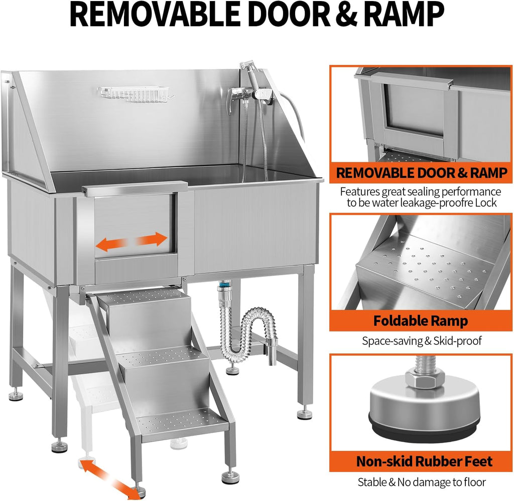 Dog Grooming Tub, 38' L Pet Wash Station, Professional Stainless Steel Pet Grooming Tub with Ramp, Faucet, Sprayer, and Drain Kit,L-Door
