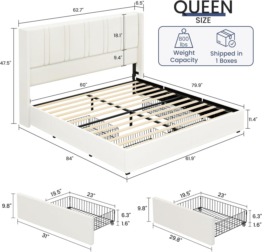 BRELTAM Queen Size Bed Frame with 4 Storage Drawers Linen Upholstered Platform Bed with Wingback Headboard, No Box Spring Needed, Easy Assembly, White