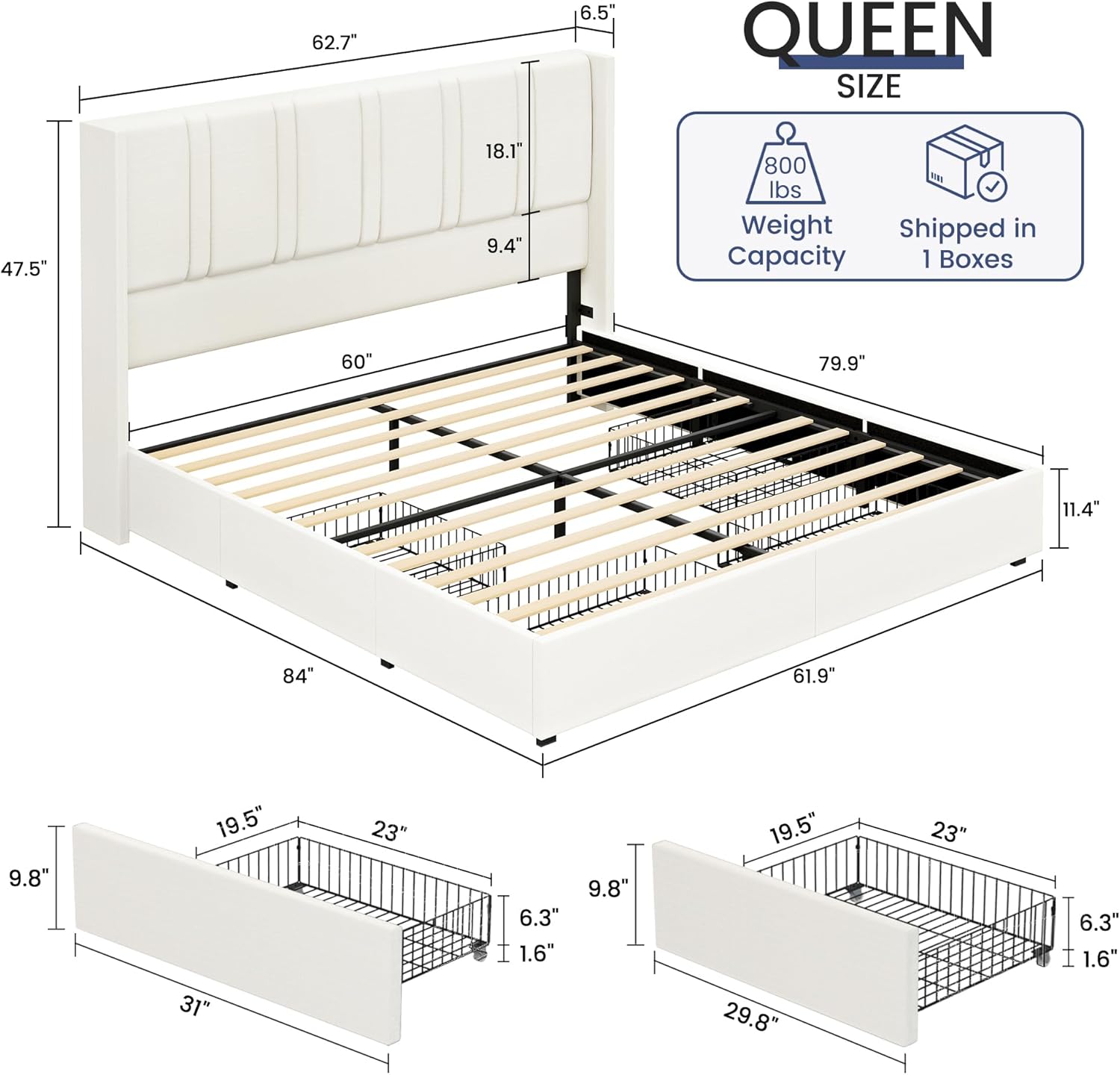 BRELTAM Queen Size Bed Frame with 4 Storage Drawers Linen Upholstered Platform Bed with Wingback Headboard, No Box Spring Needed, Easy Assembly, White