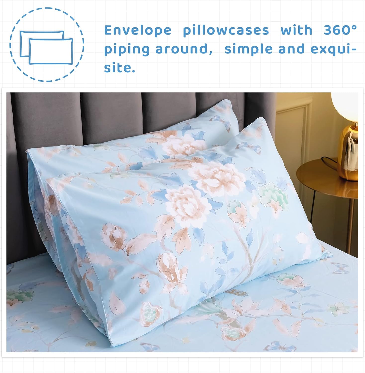 QSH 100% Egyptian Cotton Cal King Sheets, Blue Bird Plant Pattern Botanical Luxury Cotton Printed Flower California King Bedding Sheets, 4pcs Deep Pocket California King Floral Bed Sheet Set
