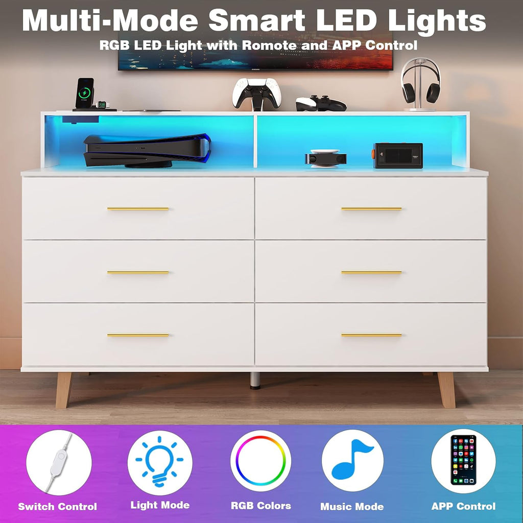 UNIQUITE 6 Drawers Dresser with LED Light and Power Outlet, Wood White Dressers for Bedroom & Chests of Drawers, Large Double Dressers for Bedroom, Entryway, Hallway
