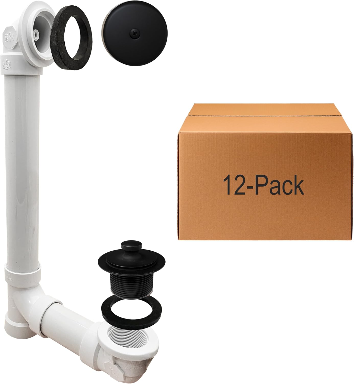 Westbrass D49721-12-62 1-1/2' Bath Waste & Overflow Assembly with Pull Drain Stopper and One-Hole Faceplate Top Elbow - Sch. 40 PVC, Matte Black (12-Pack)