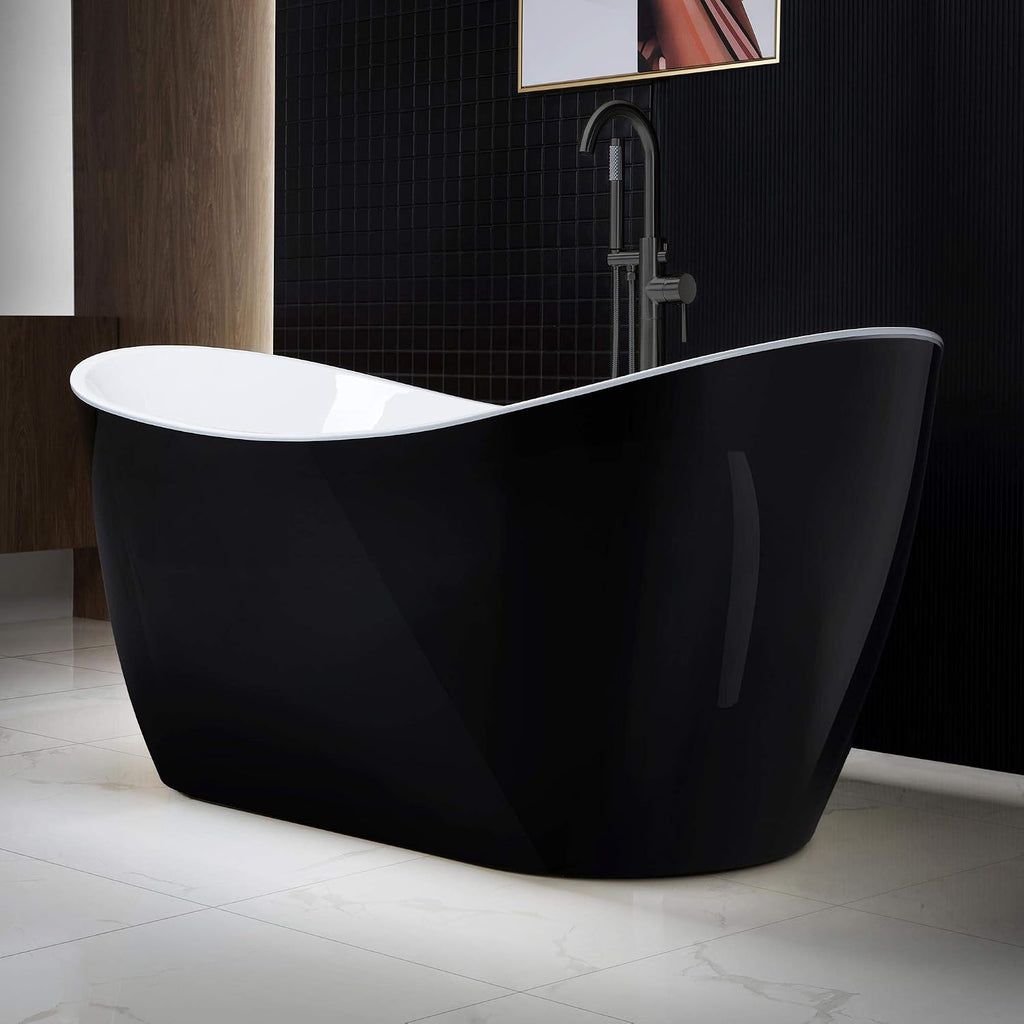WOODBRIDGE 59' Acrylic Freestanding Bathtub Contemporary Soaking Black Tub with Matte Black Overflow and Drain，B1816-MB-Drain &O