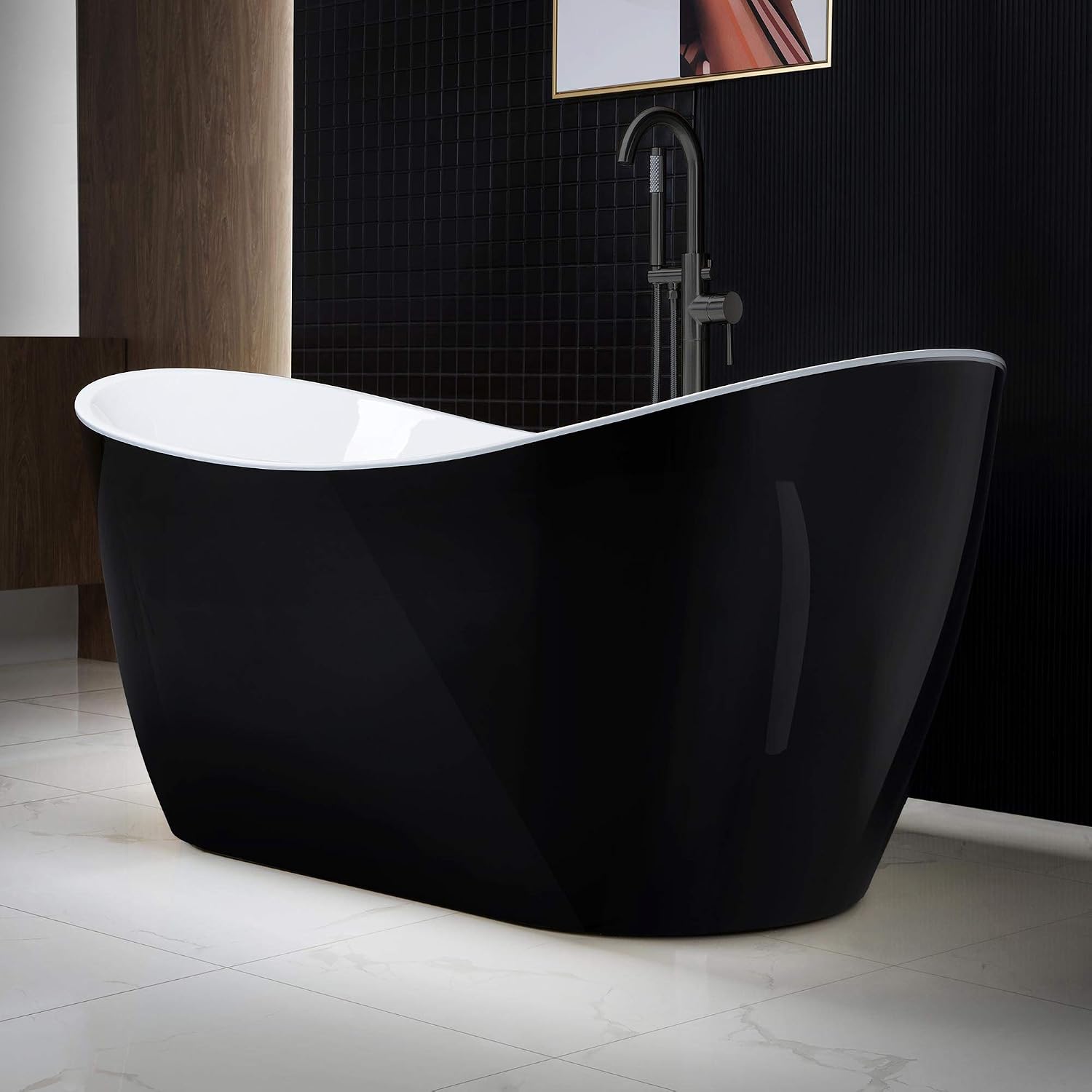 WOODBRIDGE 59' Acrylic Freestanding Bathtub Contemporary Soaking Black Tub with Matte Black Overflow and Drain，B1816-MB-Drain &O