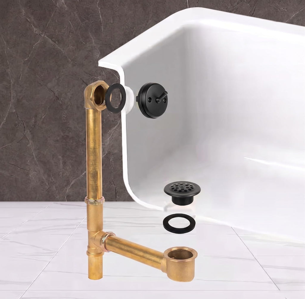 Fine Fixtures Bathtub Shower Drain - 20 Gauge Brass Tubing, Trip Lever Overflow Assembly Tub Drain Kit - Matte Black