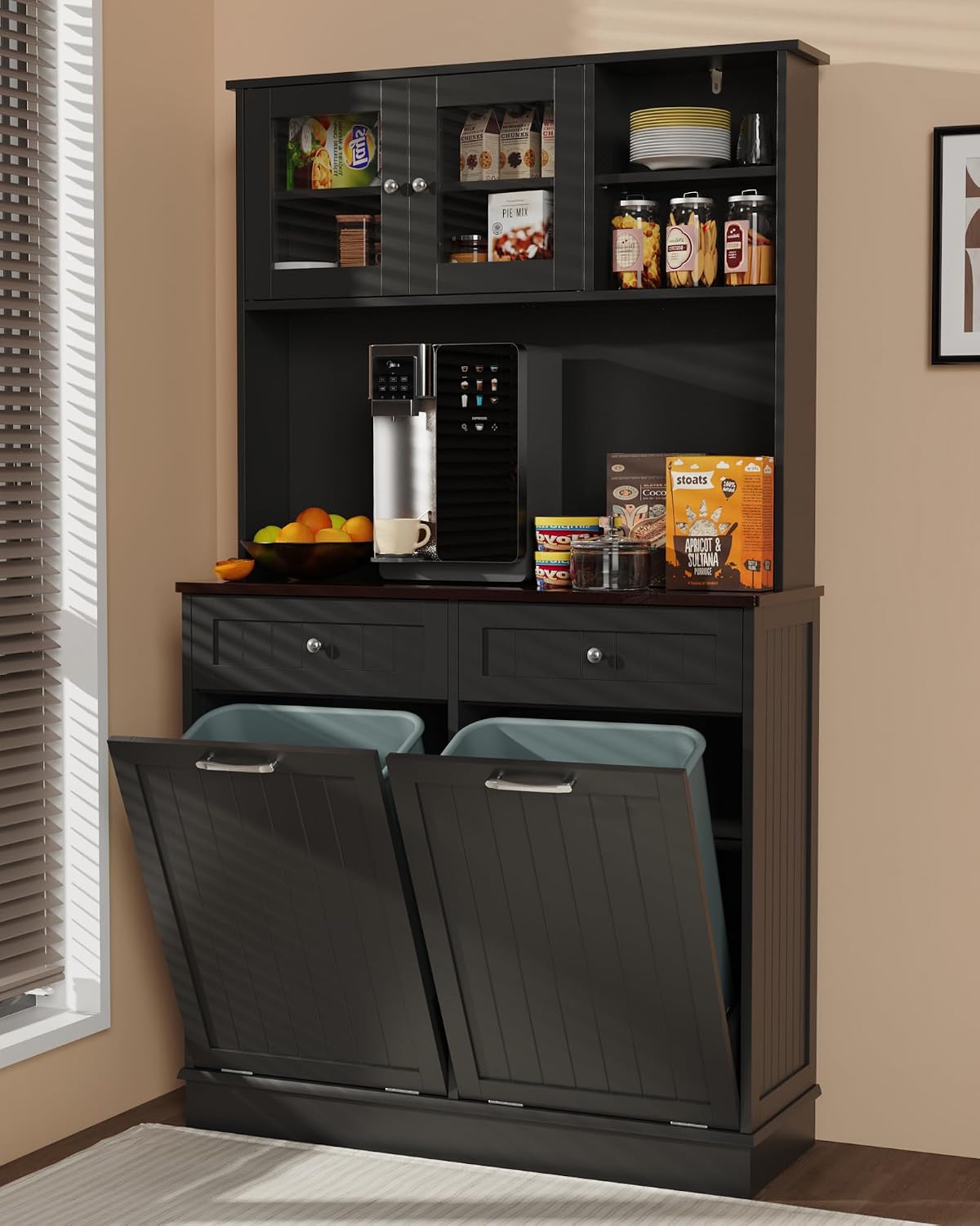 Double Tilt Out Trash Cabinet Storage Cabinet 20 Gallon with Two Solid Wood Hideaway Trash Holder Drawers, Dual Wooden Free Standing Recycling Cabinets Trash Can Bin Kitchen (Black)
