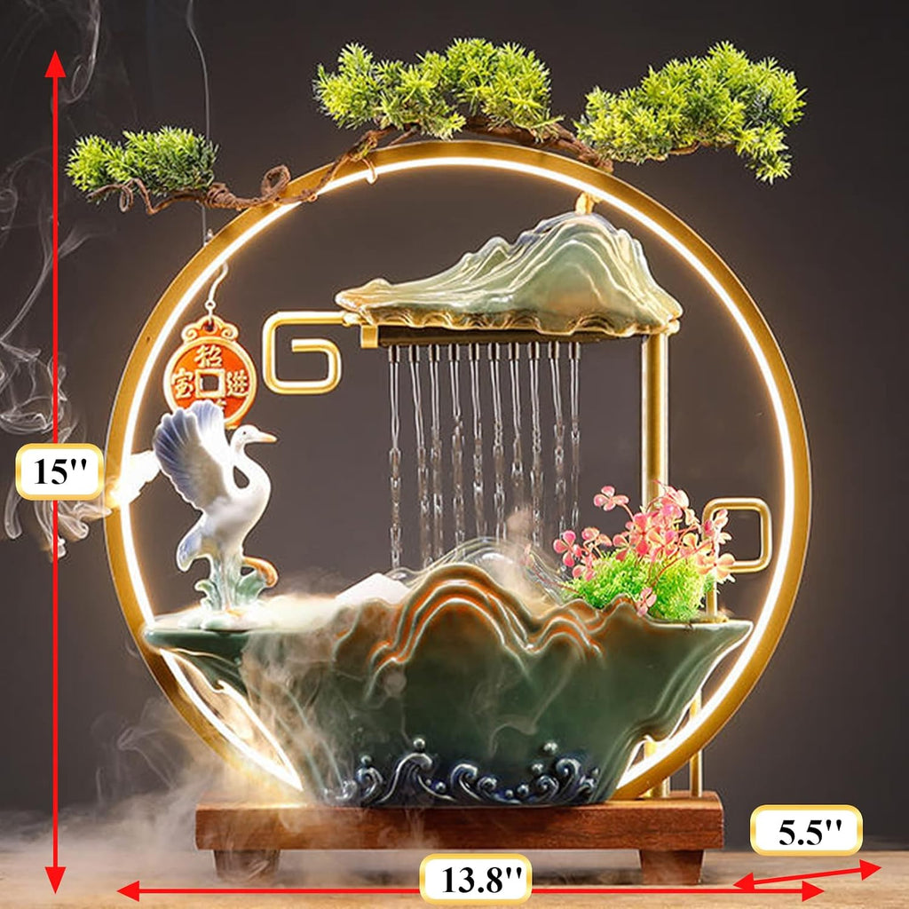 Crane Tabletop Water Fountains Indoor Waterfall with LED Light Desktop Fountain for Meditation with Mist Japanese Fountain with Fake Plants Feng Shui Office Home Decor for Good Luck Wealth