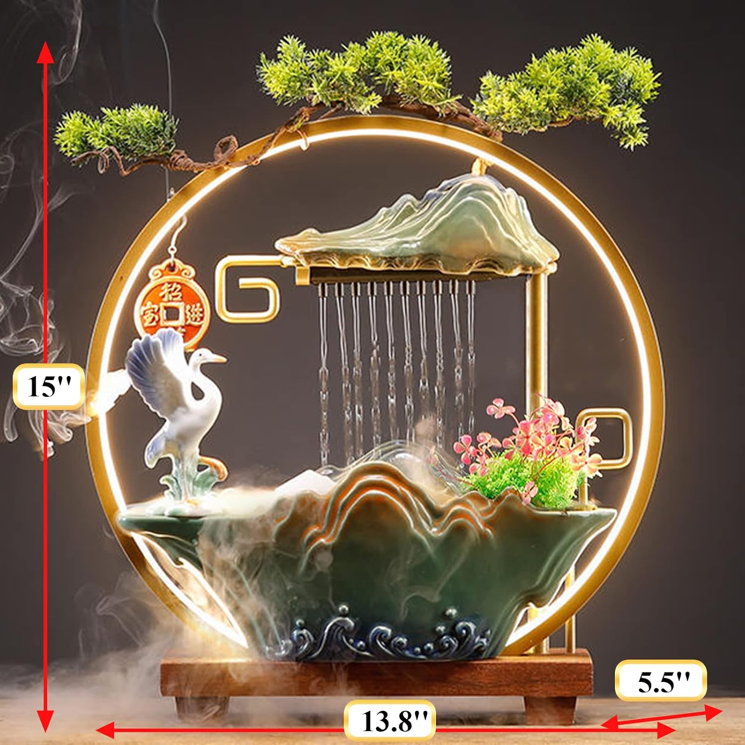 Crane Tabletop Water Fountains Indoor Waterfall with LED Light Desktop Fountain for Meditation with Mist Japanese Fountain with Fake Plants Feng Shui Office Home Decor for Good Luck Wealth