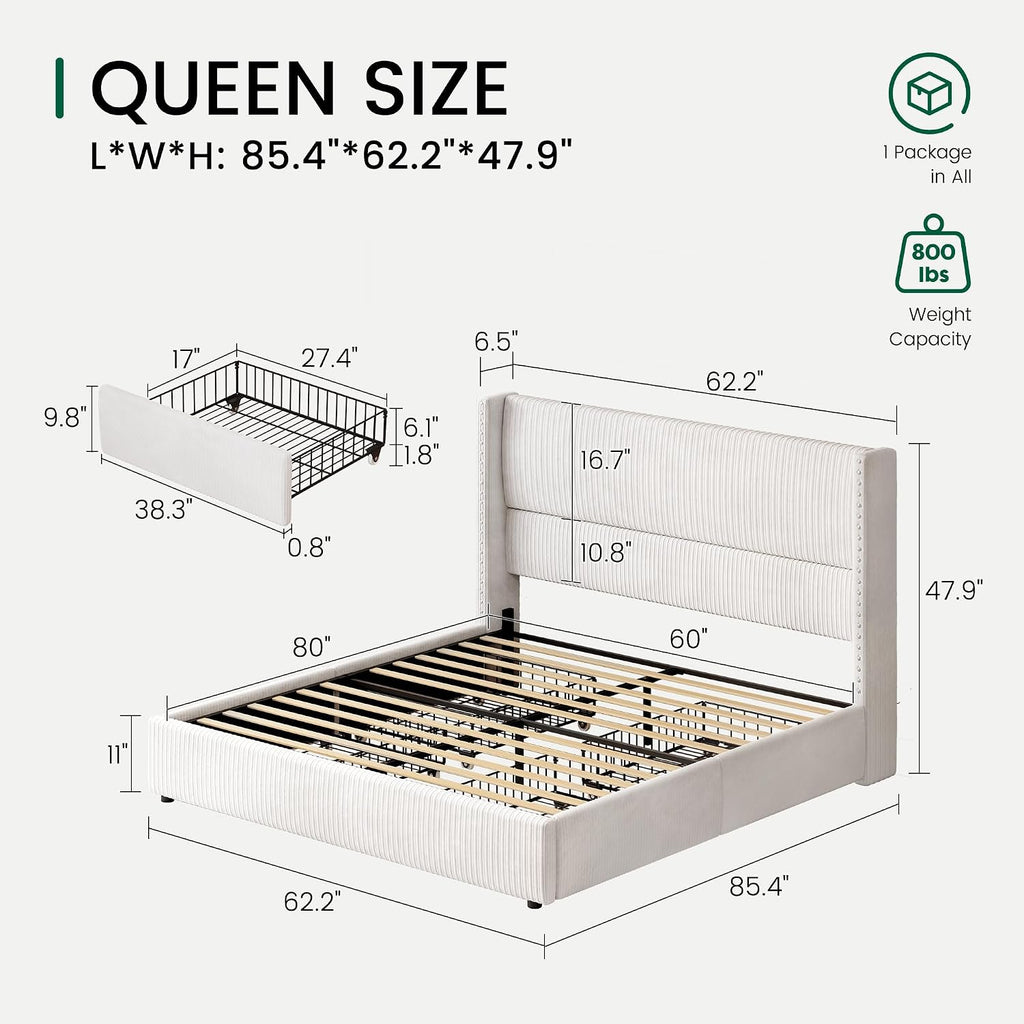 LARMACE Queen Bed Frame with 4 Storage Drawers,Upholstered Bed Frame Queen Size with Headboard Corduroy Platform Bed Frame with Vertical Stripe,Solid Wood Leg/No Box Spring Needed/Noise Free,White