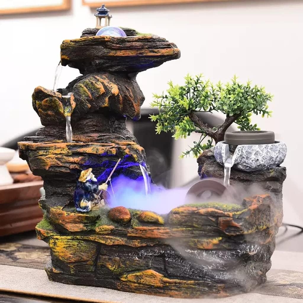 HIHELO Desktop Fountain Tabletop Fountain Resin Rockery Water Desktop Fountain Living Room Decorative Waterscape Ornament Water Fountain Outdoor (Color : with Nebulizer)