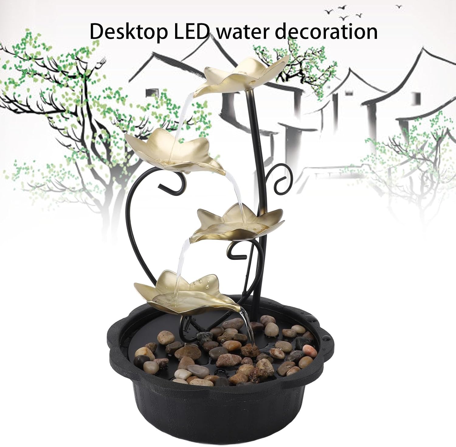 Tabletop Fountain with LED Lights Flowing Water Desktop Fountain for Home & Office, USB Powered Relaxation Decor with Adjustable Flow Silent Pump (9.1x9.1x13.6)