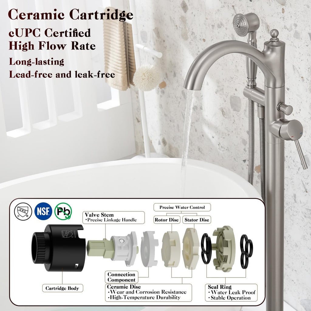 Freestanding Tub Faucets, Classic Freestanding Bathtub Faucet with Retro Handheld Sprayer High Flow Max 7.04GPM Floor Mount Tub Filler Swivel Spout Bath Tub faucet Brushed Nickel (WT-9002BN)