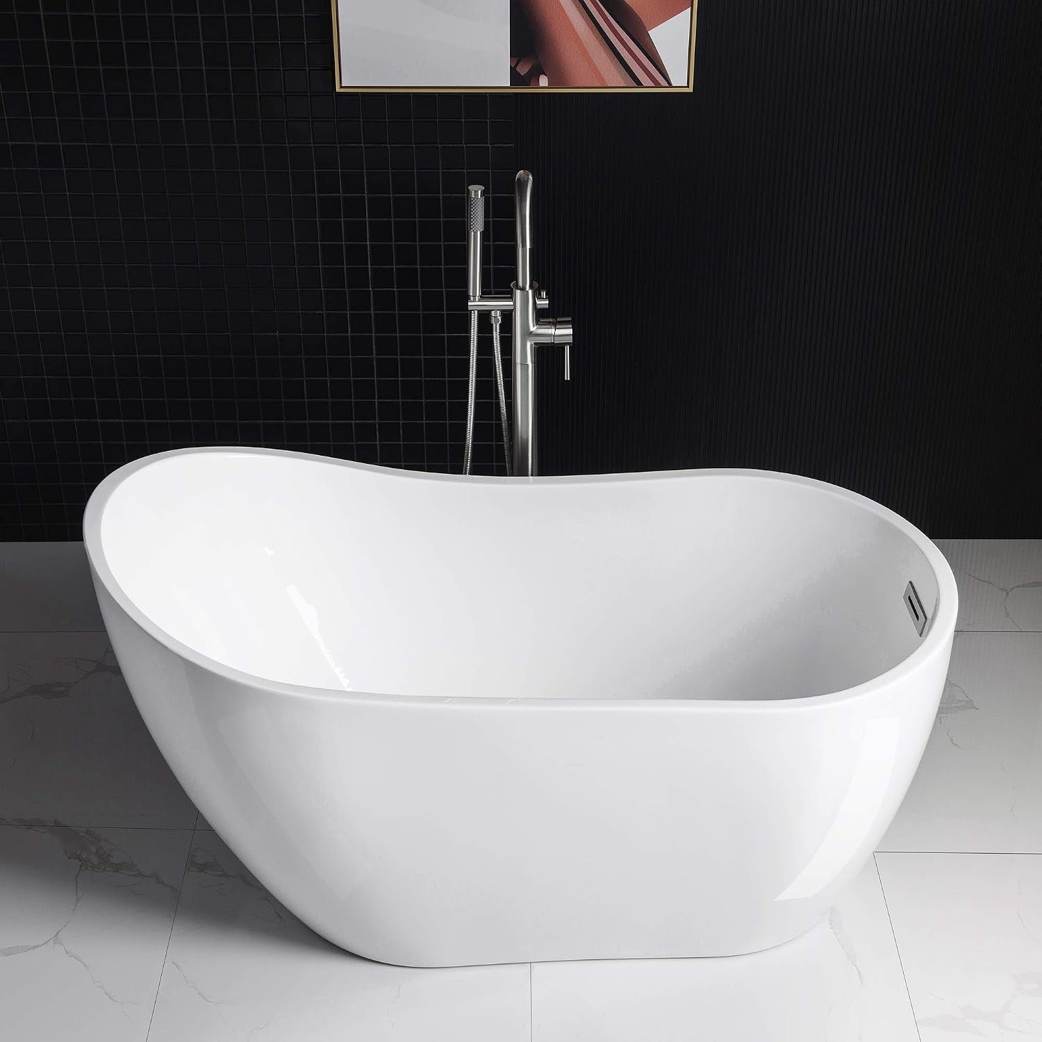 WOODBRIDGE Acrylic Freestanding Contemporary Soaking Tub with Brushed Nickel Overflow and Drain, B-0006 / BTA1507, 54' Bathtub White