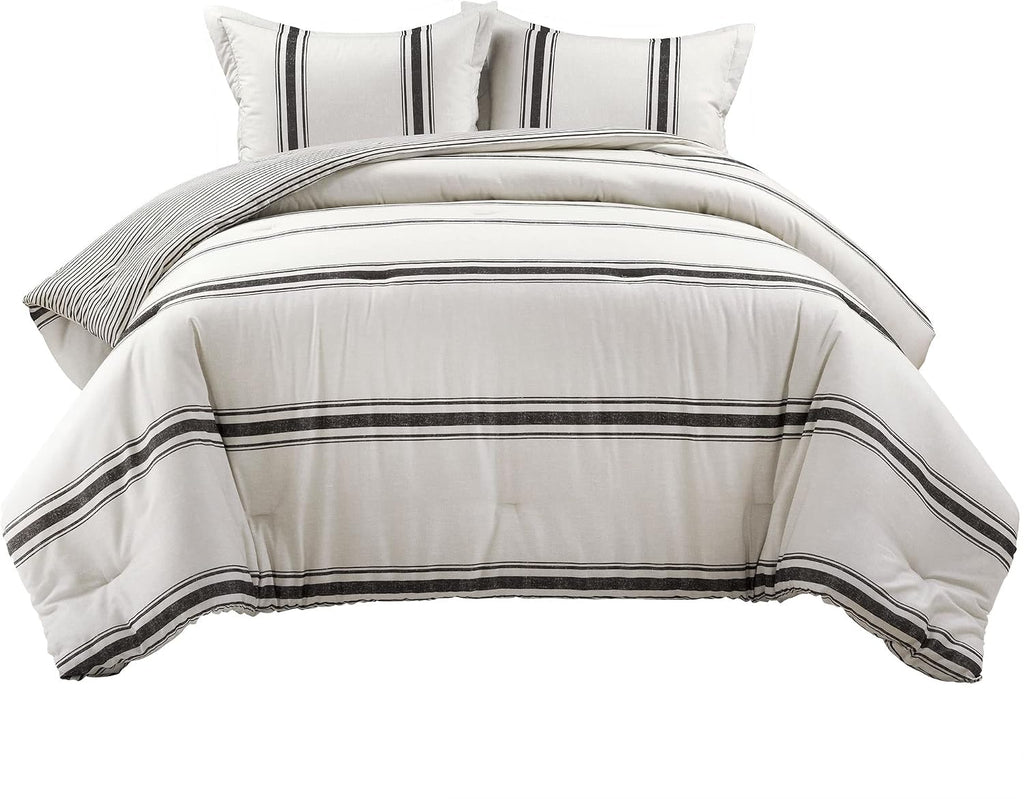 Lush Decor Farmhouse Stripe Reversible Cotton Comforter Set, 3 Piece Set, Full/ Queen, Black - Cozy Farmhouse Bedding Set - Rustic Decor - Striped Comforter - Modern Farmhouse Bedroom Decor