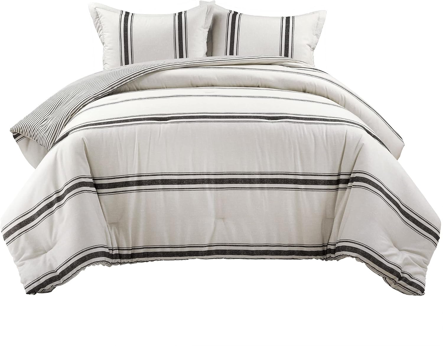 Lush Decor Farmhouse Stripe Reversible Cotton Comforter Set, 3 Piece Set, Full/ Queen, Black - Cozy Farmhouse Bedding Set - Rustic Decor - Striped Comforter - Modern Farmhouse Bedroom Decor