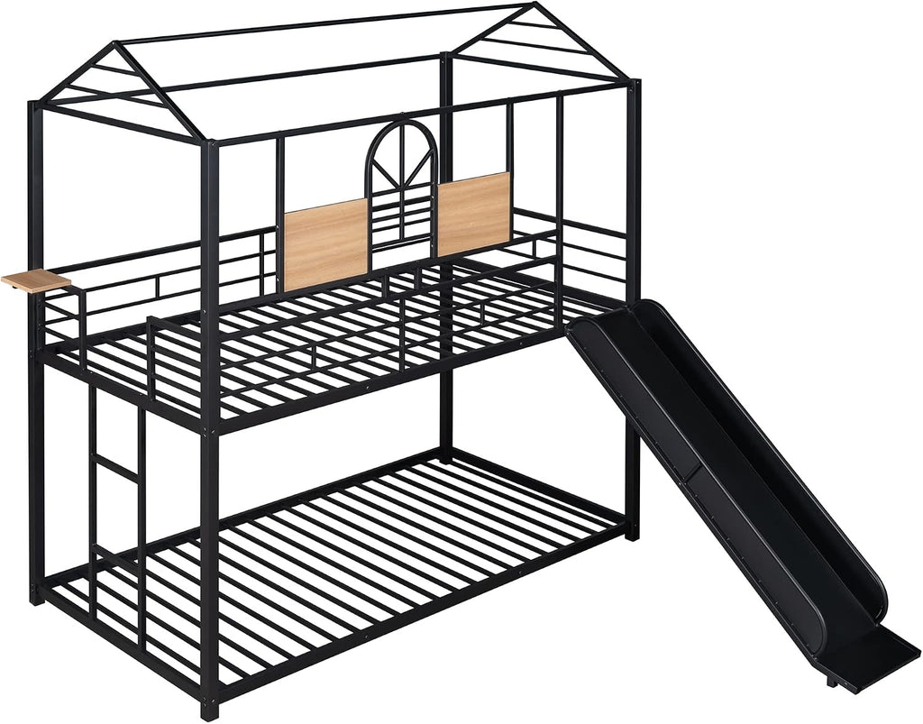 MERITLINE Metal Bunk Bed Twin Over Twin Bunk Bed Frame with Slide,Twin Over House Bed with Guardrails