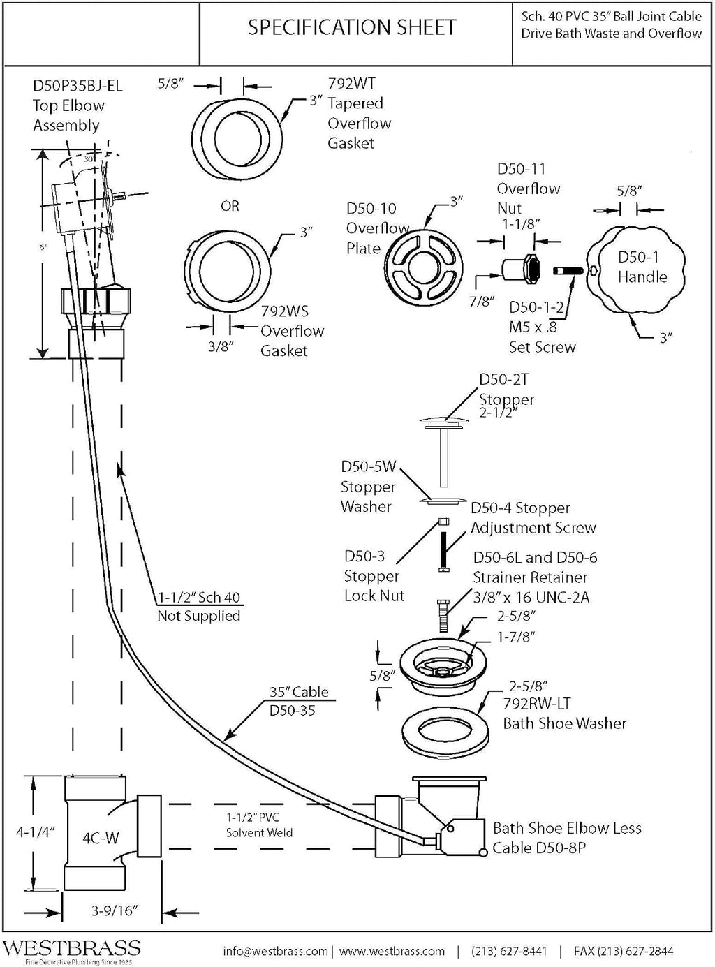 Westbrass A50P35BJ-19 1-1/2' Sch. 40 PVC 35' Cable Driven Bath Waste Kit with Ball Joint Head and Brass Trim Drain Kit, Champagne Bronze