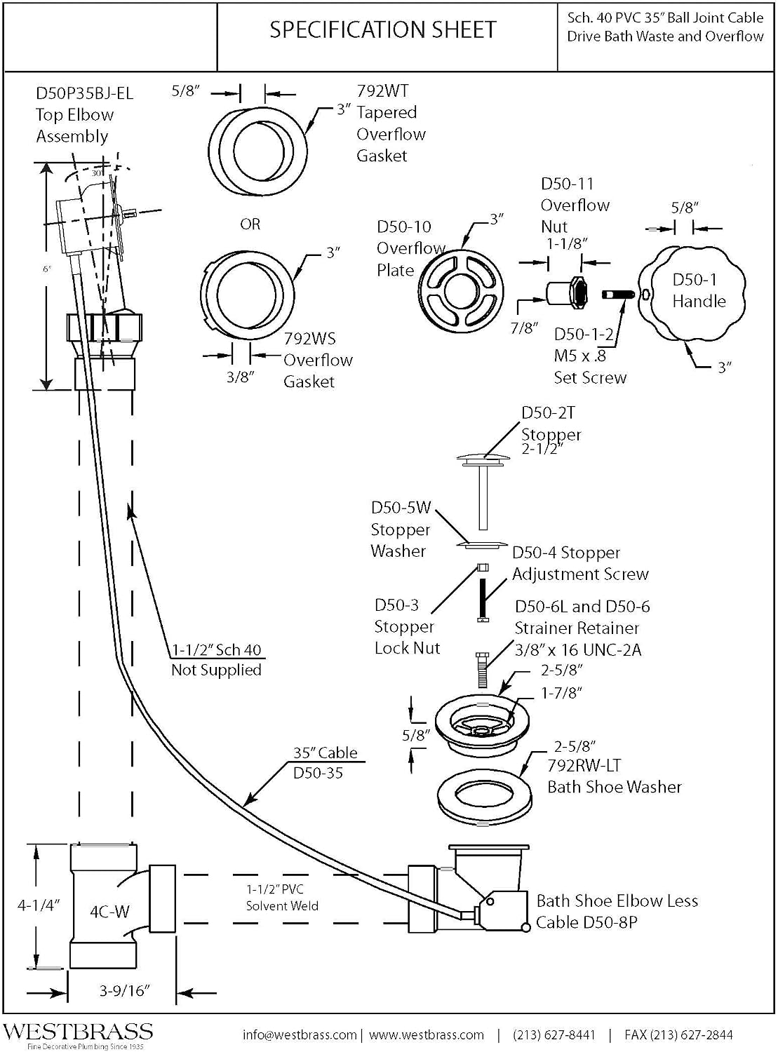 Westbrass A50P35BJ-12 1-1/2' Sch. 40 PVC 35' Cable Driven Bath Waste Kit with Ball Joint Head and Brass Trim Drain Kit, Oil Rubbed Bronze