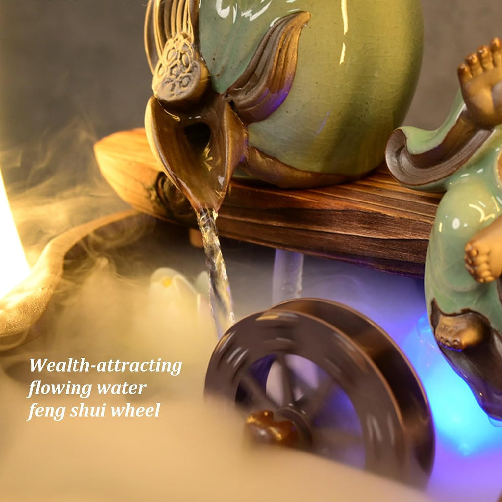 Tabletop Fountain with LED Light, Cwaterfall for Desk with Solid Wood Base & Water Storage Basin, Chinese Zen-Inspired Flowing Water Ornament for Office Living Room(C)