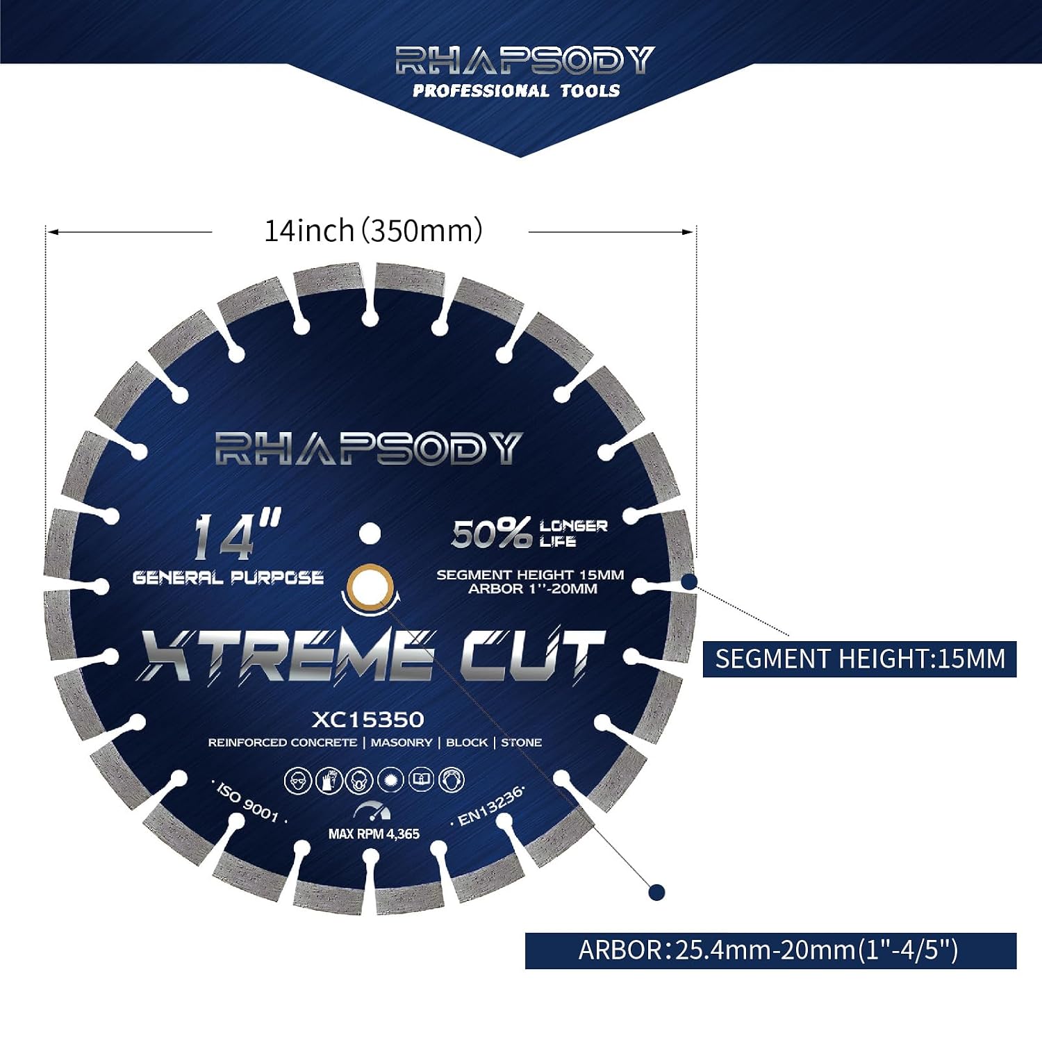 RHAPSODY 14 Inch Diamond Saw Blade 5Pcs, Segmented General Purpose for Dry/Wet Cutting Concrete, Reinforced Concrete, Masonry, Brick, Block - 1'-20mm Arbor