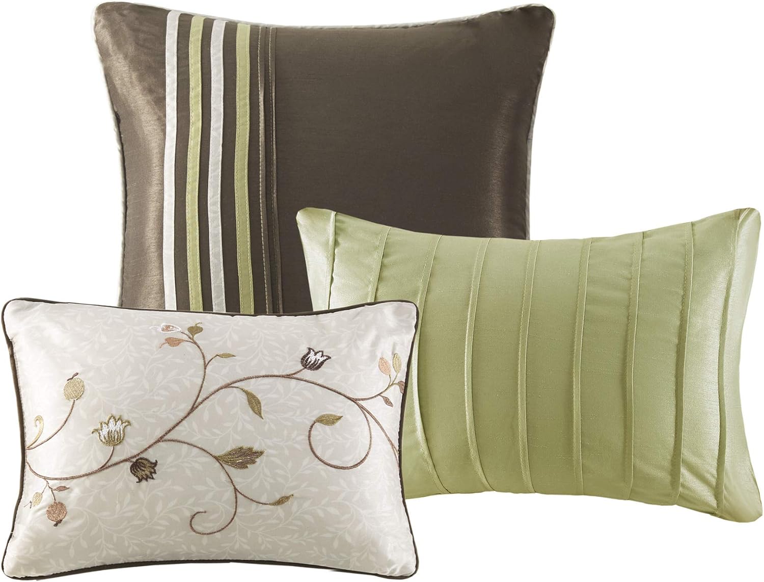 Madison Park Serene Faux Silk Comforter Set - Floral Embroidery Design, All Season Bedding Set, Matching Bed Skirt, Decorative Pillows, Green Queen(90'x90') 7 Piece