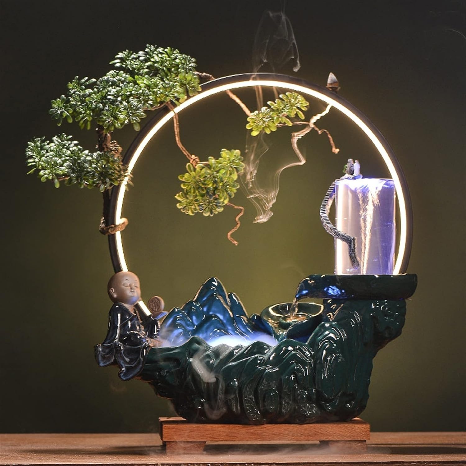 Desktop Water Fountain - Tabletop Fountain with LED Lights and Backflow Incense Creative Vortex Circulating Water Desktop Decoration