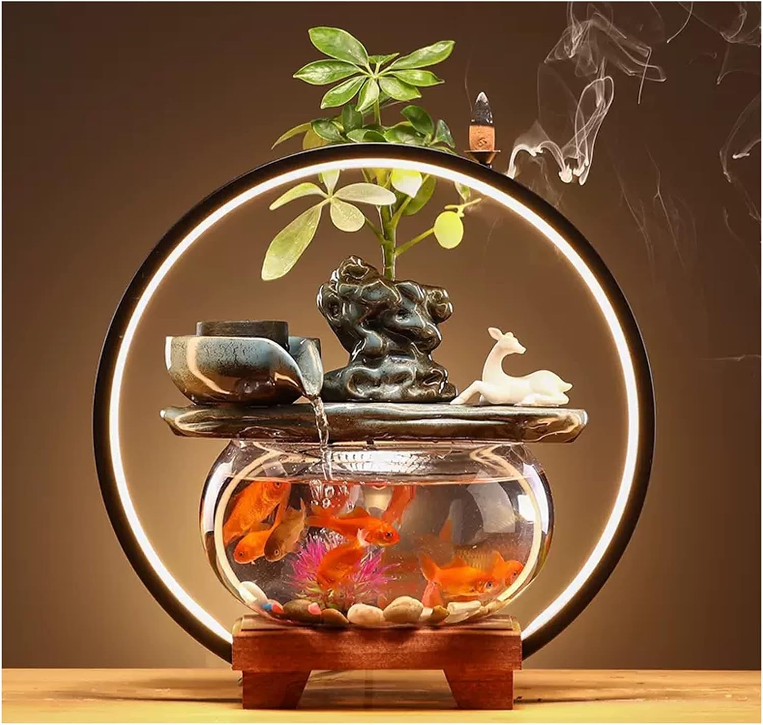 HIHELO Desktop Fountain Indoor Relax Tabletop Fountain with Glass Fish Tank, Wooden Base and LED Lights, Indoor Zen Tabletop Relax Water Feature Water Fountain Outdoor (Color : C)