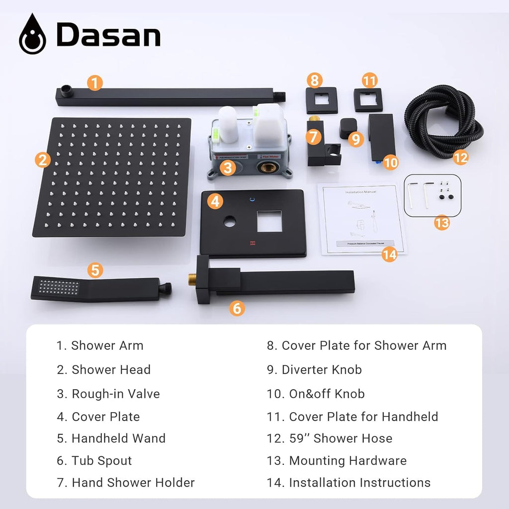 DASAN Tub Shower Faucets Sets Complete Matte Black Bathtub Shower System with Tub Spout, Bathtub Faucet Set Tub and Shower Faucet Combo Trim Kit with Rough-in Valve