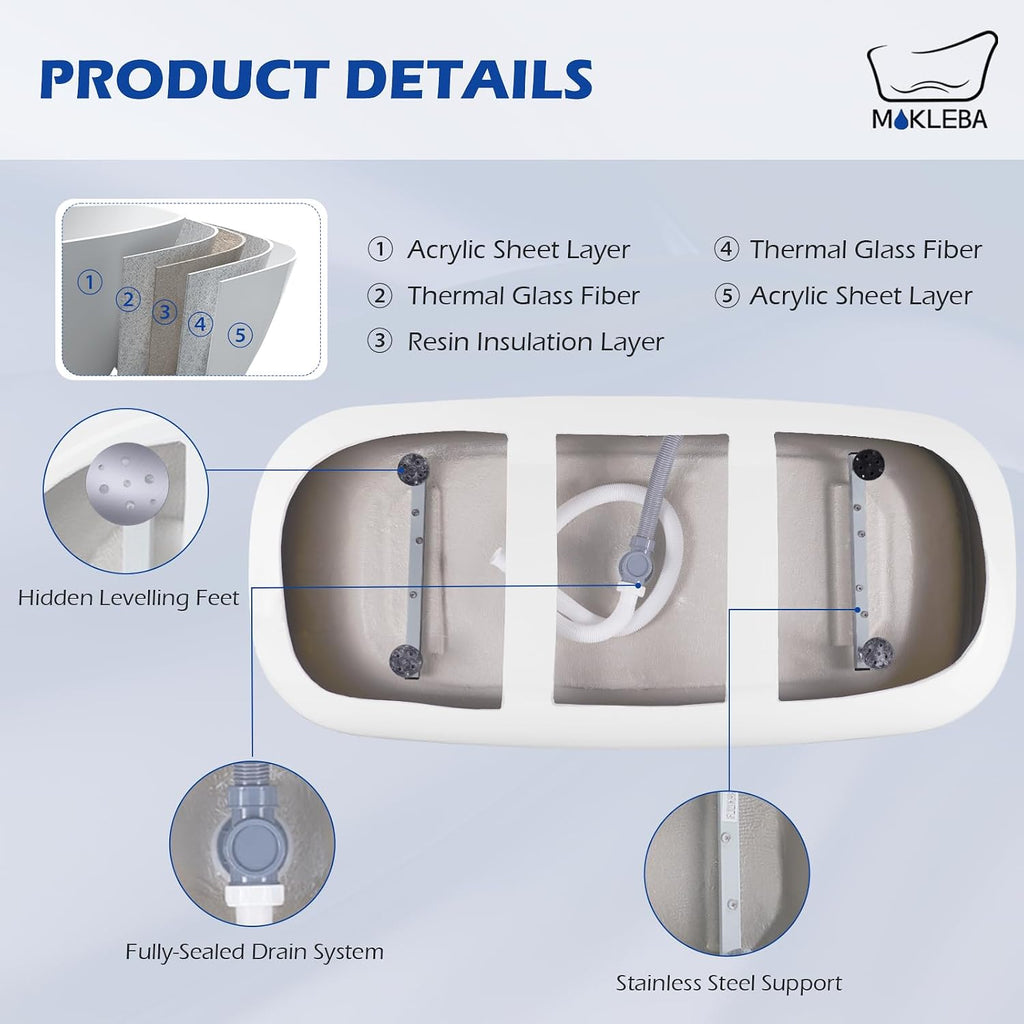 59' Lucite Acrylic Freestanding Bathtub, Rectangular Shape Contemporary Soaking Tub with Toe-tap Chrome Center Drain, Slotted Overflow, cUPC Certified, Glossy White