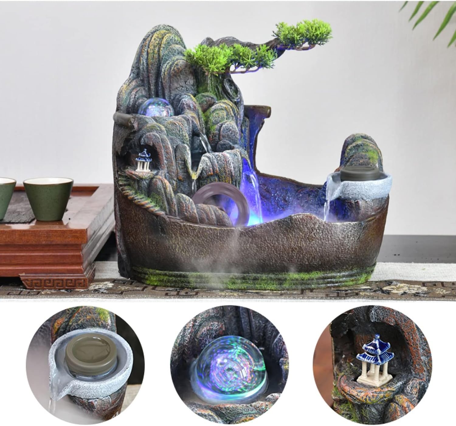 Indoor Fountain Tabletop Water Fountain for Indoor, Rocky Stone Waterfall, Aquatic Landscape, Home Decor, Center Table, Relaxation Gifts with Water Pump and Rotating Ball Fountain