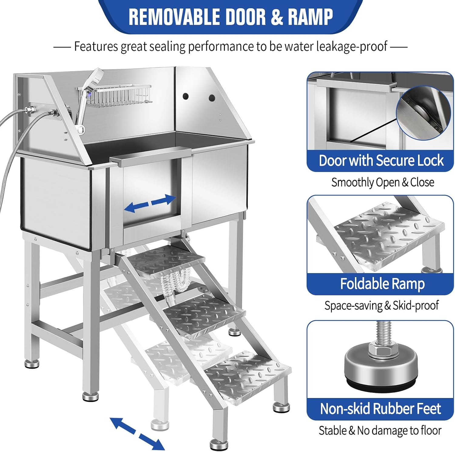 Dog Grooming Tub, L Pet Wash Station, Professional Stainless Steel Pet Grooming Tub With Ramp, Faucet, Sprayer, And Drain Kit