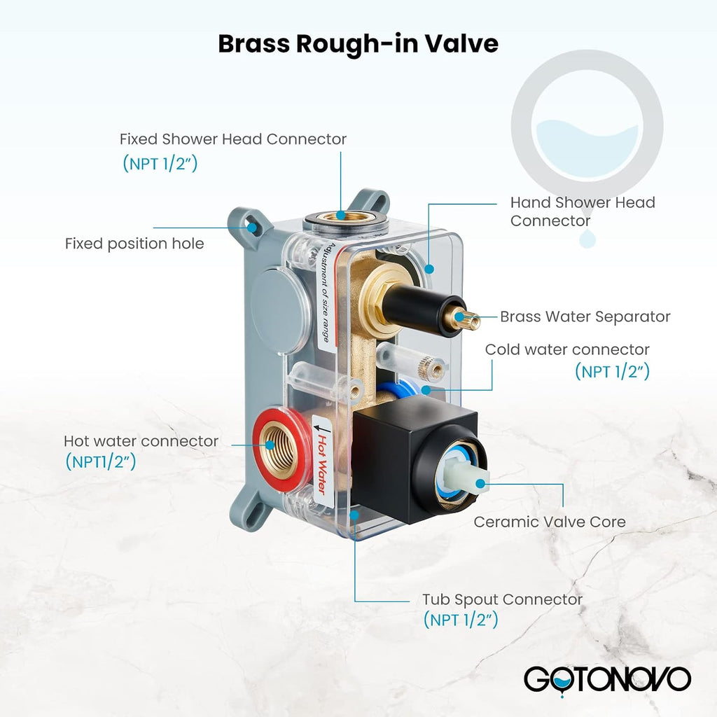gotonovo Rainfall Tub Shower Faucet Set Bathroom Shower System with Tub Spout Wall Mount Square High Pressure Shower Fixtures with Handheld Sprayer Rough-In Valve 12'' Shower Head,Matte Black