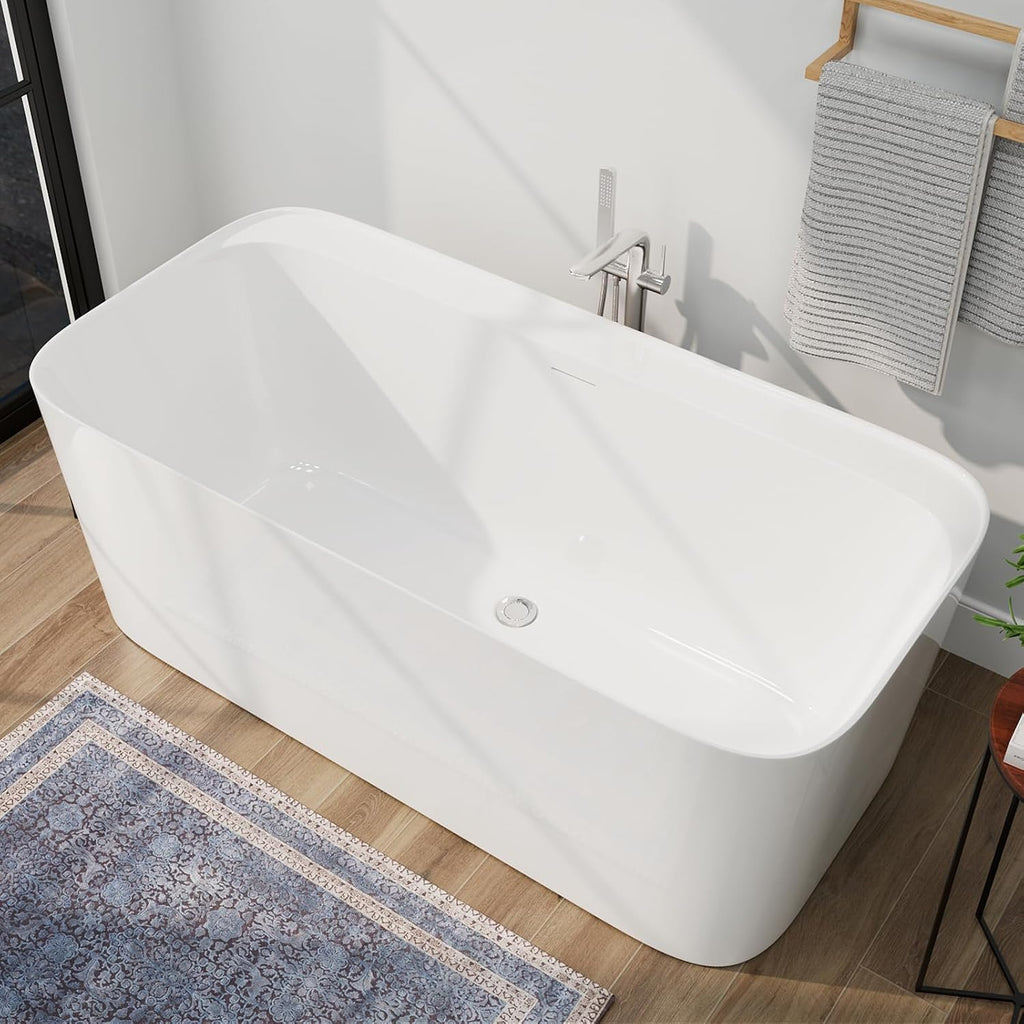 59' Lucite Acrylic Freestanding Bathtub, Rectangular Shape Contemporary Soaking Tub with Toe-tap Chrome Drain, Slotted Overflow, cUPC Certified, Glossy White