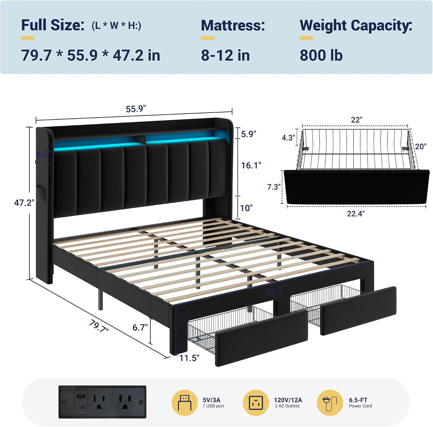 Allewie Velvet Vertical Tufted Full Size Upholstered Platform Bed Frame with 2-Tier LED Storage Headboard & 2 Storage Drawers, USB & Type-C Charging Ports, Noise-Free/No Box Spring Needed, Black