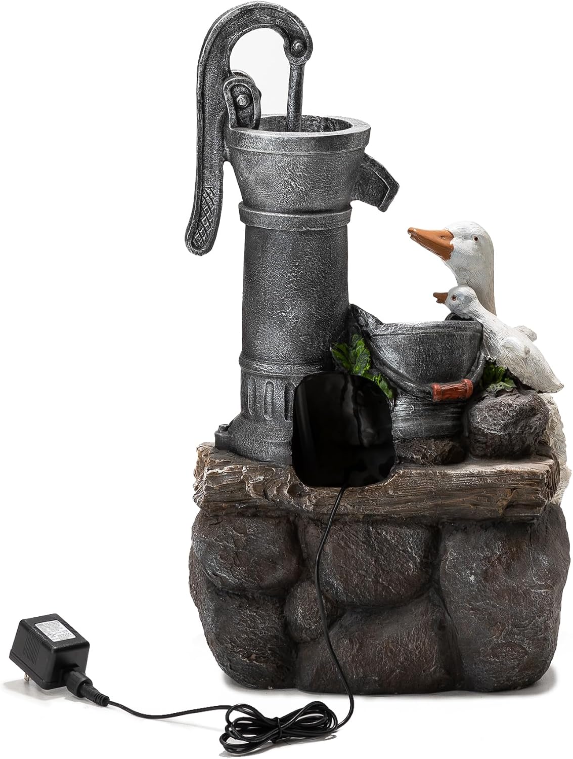 Glitzhome Outdoor Fountain 23.25' Height, Waterfall Fountains Indoor Water Fountain Freestanding Water Feature Fountains with Pump and LED Lights, Outside Garden Backyard Decor, Cute Duck