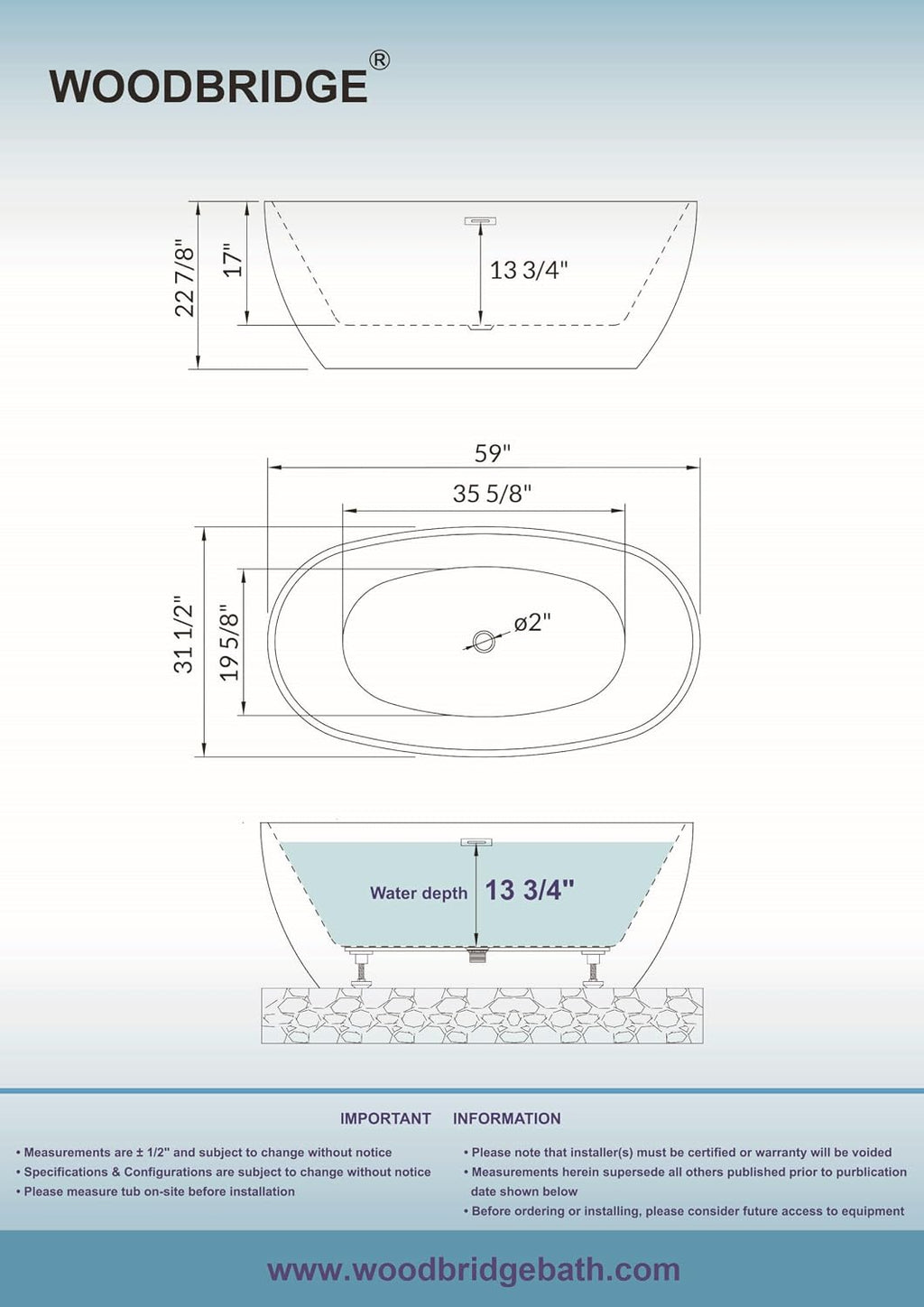 WOODBRIDGE 59' Acrylic Freestanding Bathtub Contemporary Soaking Black Tub with Matte Black Overflow and Drain,Black,B1818 MB