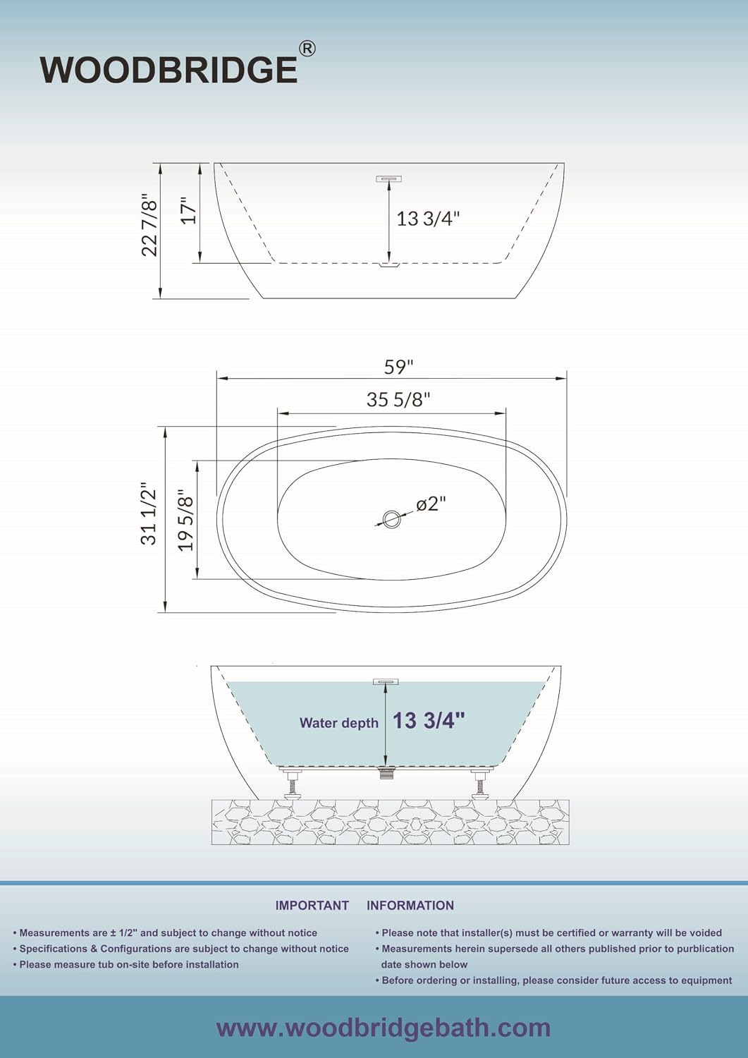 WOODBRIDGE 59' Acrylic Freestanding Bathtub Contemporary Soaking Black Tub with Matte Black Overflow and Drain,Black,B1818 MB