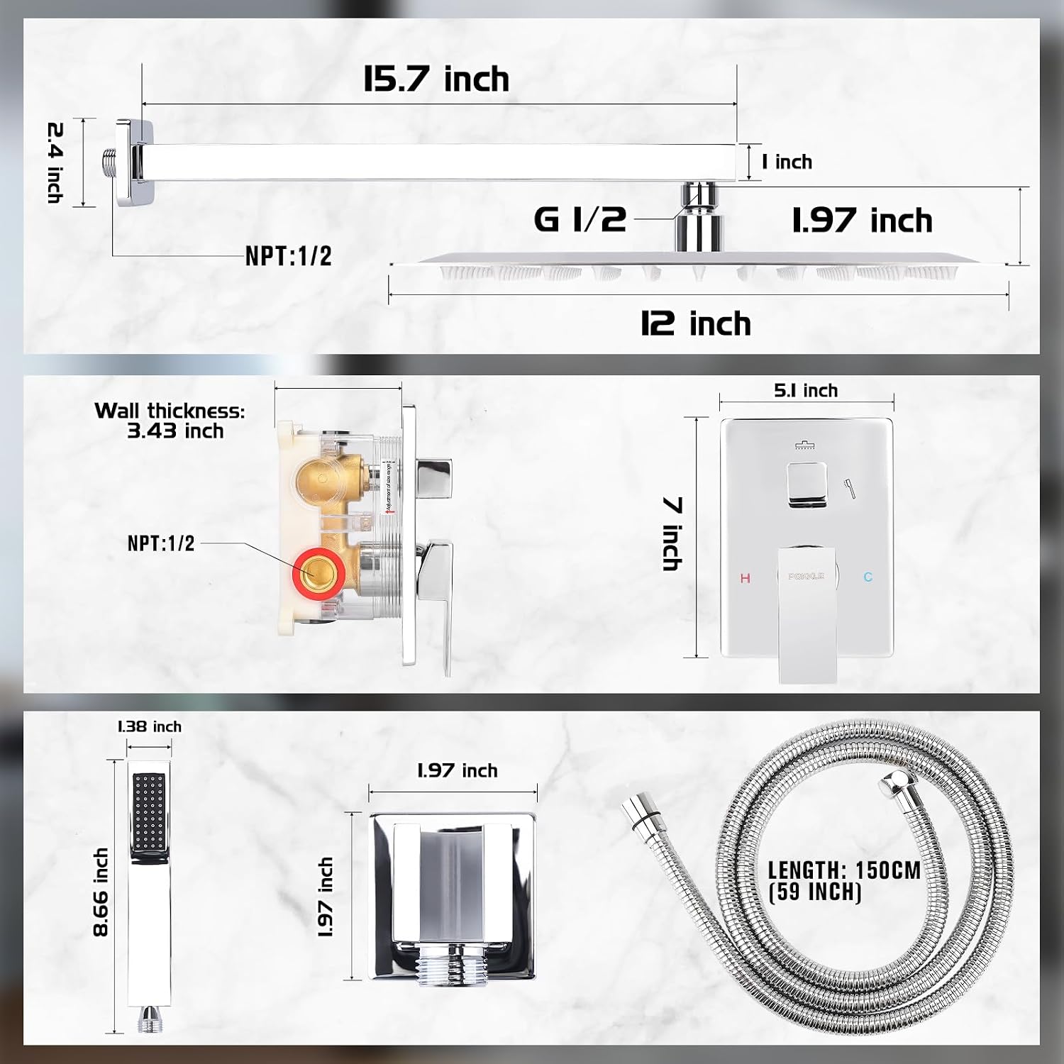 12 Inch Rainfall Shower System - Wall Mounted Complete Combo with Solid Brass Pressure Balancing Valve, High Pressure Shower Head, Handle Set & Installation Accessories Chrome