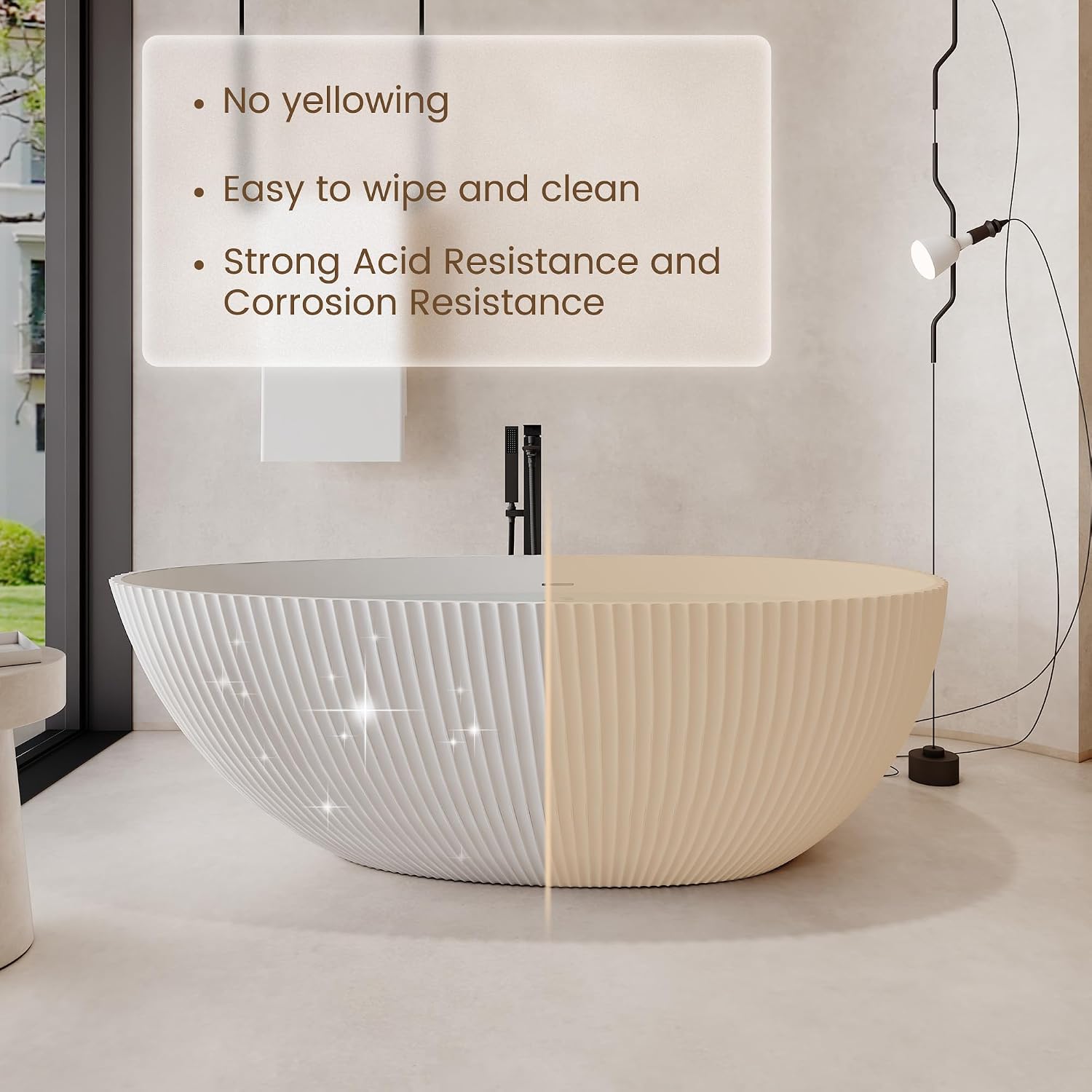 67 Inch Egg-Shape Solid Surface Free Standing Tub Matte White Stone Resin Soaking Tub Featuring 14.37 Inches Soaking Depth, 78 Gallons Water Capacity
