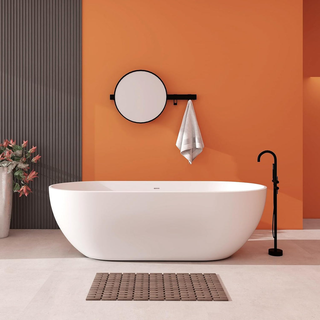 69' Premium Solid Surface Freestanding Bathtub, Oval Stone Resin Tub with Overflow and Pop-up Drain, Matte White